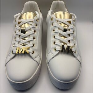 Michael Kors Poppy LaceUp Faux Leather White Sneakers w/ Gold Eyelets & MK Logo